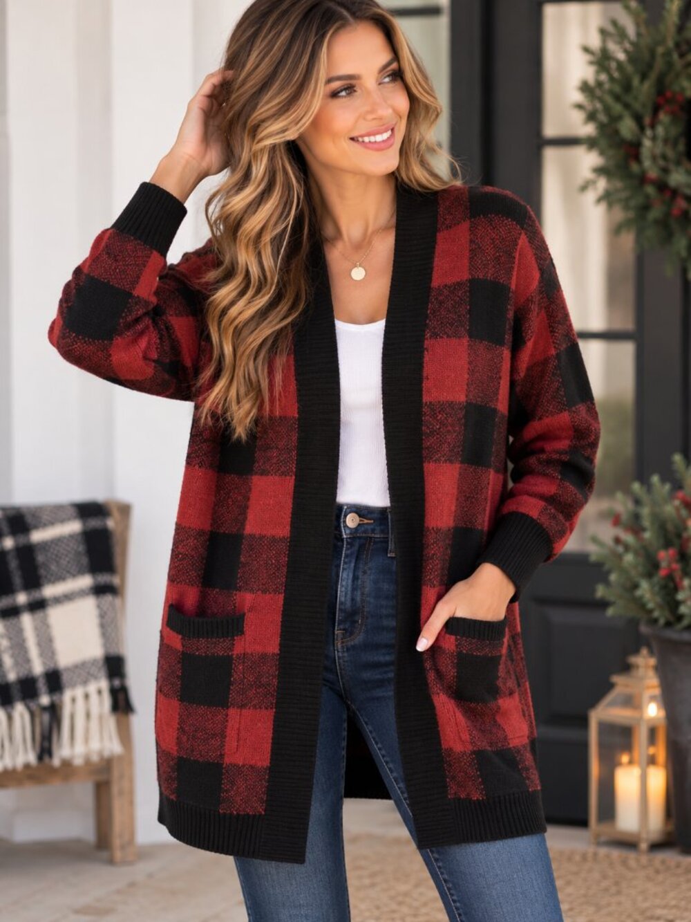 Christian Siriano Red Black Buffalo Plaid Knit Open Front Cardigan L